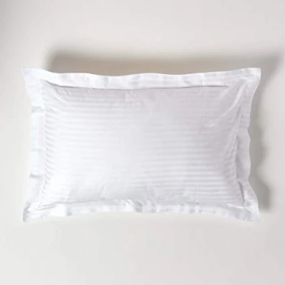 Image of HOMESCAPES White Pure Egyptian Cotton Oxford Pillowcase Standard Size 330 TC 500 Thread Count Percale Equivalent Satin Stripe Pillow Case