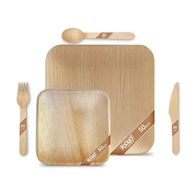 Image of FOOGO Green 250pcs Disposable Palm Leaf Plates and Wooden Cutlery Set, FSC® Certified, 50x Large Square Plates, Small Side Spoons, Forks, Knives, Party Biodegradable
