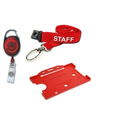 Image of Staff Lanyard Neck Strap with Safety Breakaway 15mm, Badge Pass ID Card Holder Credit Size and Retractable Keyring Premier YoYo Reel (Red Metal)