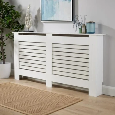 Image of Home Source Radiator Cover Wooden MDF Wall Cabinet Shelf Slatted Grill, White, Large