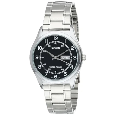 Image of Casio MTP V006D 1B2 Men&#039;s Stainless Steel Easy Reader Black Dial Day Date Analog Dress Watch