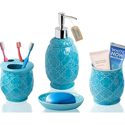 Image of Designer 4 Piece Bathroom Accessory Set Ceramic Bath w/Liquid Soap or Lotion Dispenser, Toothbrush Holder, Tumbler and Dish Decorative w/Embossed Details Modern Vanity Accessories