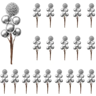 Image of RXXR Christmas Artificial Berries Stems Silver Picks Burgundy for Tree Xmas Wreath Crafts Wedding Season Winter Home Decoratio