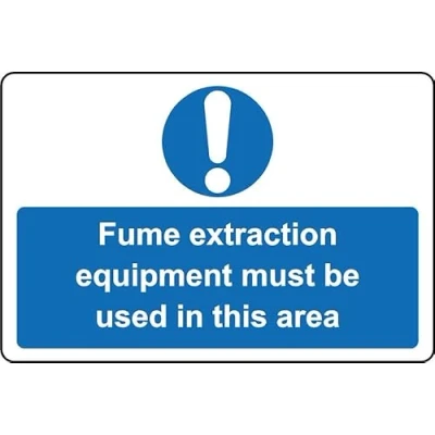 Image of Fume extraction equipment must be used in this area Safety sign Self adhesive sticker (200mm x 150mm)