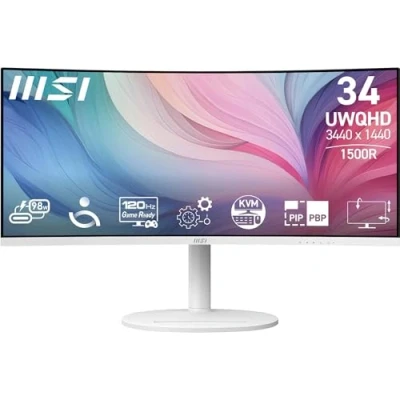 Image of MSI Modern MD342CQPW 34 Inch UWQHD 1500R Curved Monitor 3440 x 1440 VA Panel, KVM, PIP/PBP, Wide Color Gamut, Eye Friendly Screen, Built in Speakers, 3 Way Adjustable HDMI 2.0b, DisplayPort (1.4a)