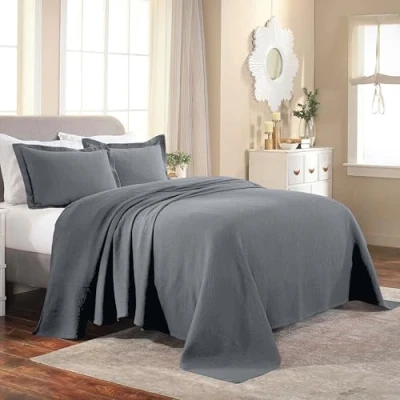 Image of Superior Cotton Fleur De Lis Bedspread Set, Warm Blankets, All Season Bedding, Bedroom Decor, Decorative Boho Medallion Coverlet, Includes 1 Bedspread, 2 Pillow Shams, Full, Grey