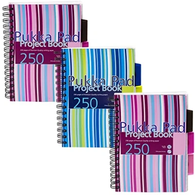 Image of Pukka Pad, A5 Striped Project Notebook 3 Pack 21 x 14.9cm Wirebound with 8mm Feint Ruled Lines on 80GSM Paper Includes Repositionable Dividers Storage Pockets 250 Pages