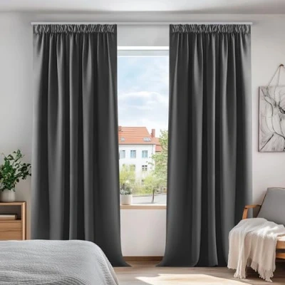 Image of Deconovo Super Soft Solid Window Treatment Kitchen Curtains Thermal Insulated Blackout Pencil Pleat for Bedroom Drak Grey W55 x L69 Inch 2 Panels