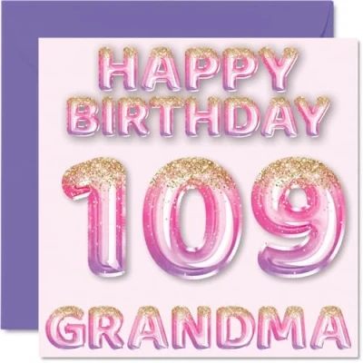 Image of 109th Birthday Card for Grandma Pink &amp; Purple Glitter Balloons Happy Cards 109 Year Old from Grandson Granddaughter, 145mm x Bday Greeting Gift