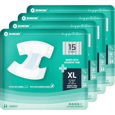 Image of SUNKISS TrustPlus Adult Diapers with Maximum Absorbency, Unisex Disposable Incontinence Briefs Tabs for Men and Women, Odor Control, XLarge, 60 Count (4 Packs of 15)