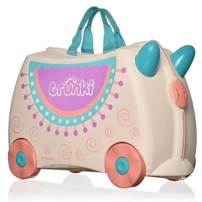 Image of TRUNKI Hand Luggage and Children&#039;s Suitcase for Sitting On Risen Gift Girls Boys Trolley Lola The Lama (Cream), Pink, 47 x 32 21 cm, Single