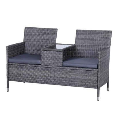 Image of Outsunny Garden Rattan 2 Seater Companion Seat Wicker Love Weave Partner Bench with Cushions Patio Outdoor Furniture (Grey)