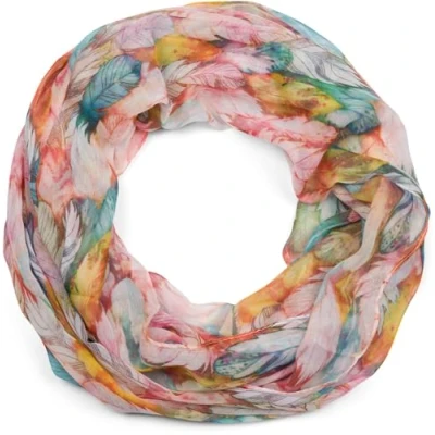 Image of styleBREAKER Women&#039;s Loop Scarf with Colorful Feather Pattern, Lightweight Summery Boho Infinity Multicolored 01016239, Colour:Yellow Blue Red
