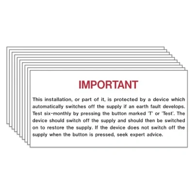 Image of iSigns Warning Signs (RCD Test Label) Pack of 10 RCD Tester Labels, 100x75mm, Self Adhesive Vinyl Electrical Safety British HSE Standards Approved