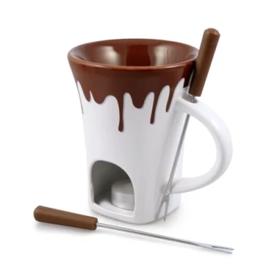 Image of Swissmar F12064 Nostalgia Chocolate Fondue Mug Set 4 Piece, Ceramic/Stainless Steel, White/Brown, 120ml, Tealight Candle Heated, Dishwasher Safe, Gift Boxed