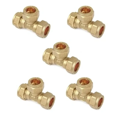 Image of TC Compression Brass Equal Tee 15mm for Copper Pipe Connector Pack of 5