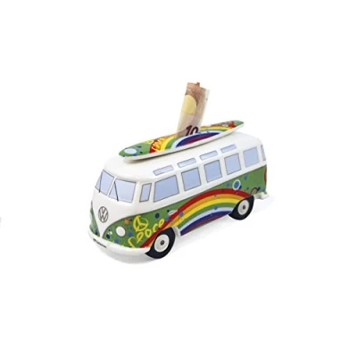 Image of BRISA VW Collection Volkswagen Savings Bank Piggy Money Coin Box with Surfboard in T1 Bus Samba Design (Love Bus/Green)