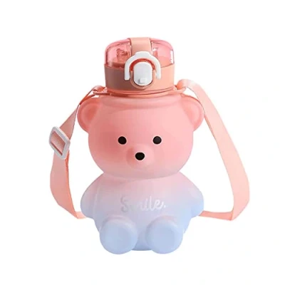 Image of Labstandard Kawaii Bear Water Bottle with Straw, 800ml Leak Proof Shaped Belt Cute Gradient Colorful Drinking For Girls School Office Travel (Pink blue)