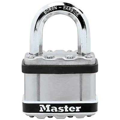 Image of MASTER LOCK Heavy Duty Padlock, Security level 9/10, Marine Environment, Laminated Steel, Stainless Steel Body Cover, Weatherproof, Standard Shackle