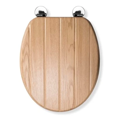 Image of Croydex Geneva Flexi Fix Toilet Seat Always Fits, Never Slips Top and Bottom Hinge Fittings, Rust Stain Free Chrome Hinges, Light Oak Effect Wooden Seat, Tongue &amp; Groove, 45 x 37.5cm