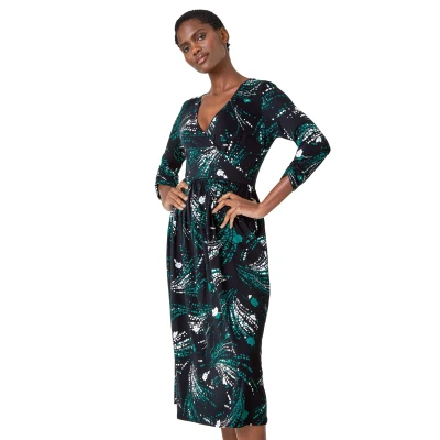 Image of Roman Originals Stretchy Dress for Women UK Ladies Pockets Gathered Waist Ruched Chest Midi Holiday Spring Summer V Neckline Evening Vacation Work Party Going Out Soft Green White Black Size 10