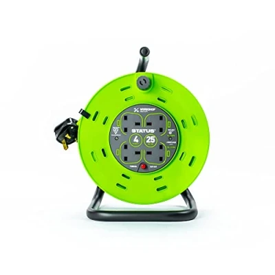 Image of Status 25 Mtr 13 amp M Frame 4 Socket Outlet with Thermal Cut Out Green Cable Reel