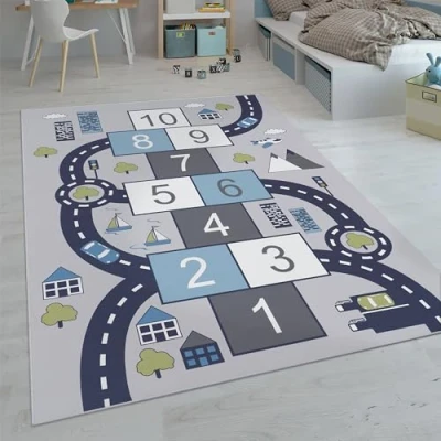 Image of Paco Home Kids Rug, Play Mat Playroom Animals Roads Cars Maps Treasure Hunt Pirates, Size:200x290 cm, Colour:Grey