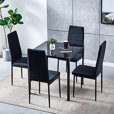Image of QIHANG UK Set of 5 Dining Room Table Chair Set, Square Black Glass with 4 Velvet Chairs for Kitchen, High Back Metal Leg and Small Kitchen