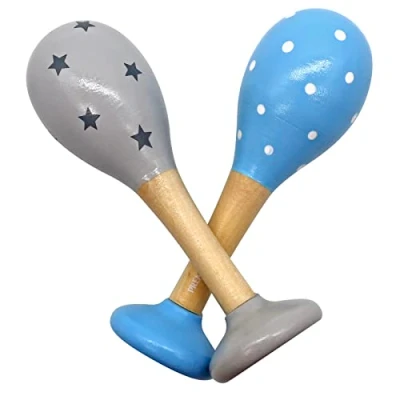 Image of PREMYO Baby Rattle Maracas Wooden Musical Instruments for Toddlers Newborn Sensory Toys Dots Stars Blue Grey