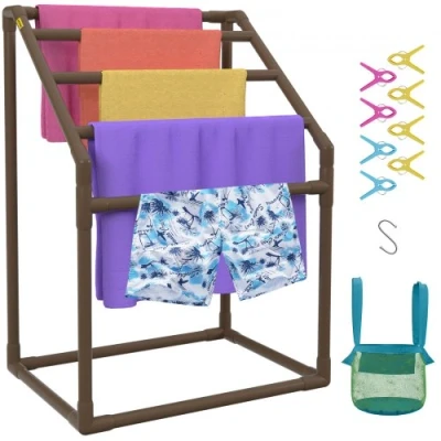 Image of VEVOR Pool Towel Rack, 5 Bar, Brown, Freestanding Outdoor PVC Trapedozal Poolside Storage Organizer, Include 8 Clips, Mesh Bag, Hook, Also Stores Floats and Paddles, for Beach, Swimming