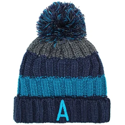 Image of TeddyT&#039;s Personalised Initial Boys Blue Striped Chunky Knitted Bobble Hat (5 12 Years)