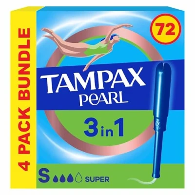 Image of Tampax Pearl Super Tampons With Applicator, 72 (18 X 4 Packs), Leak Protection and Discretion