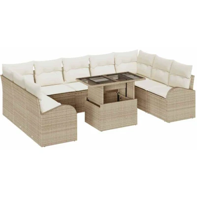 Image of vidaXL 10 Piece Garden Sofa Set with Cushions Beige Poly Rattan
