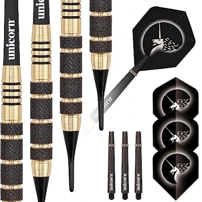 Image of Unicorn Soft Tip Darts Set Core Plus Knurled Brass Barrels with Black Coating Accents 19 g
