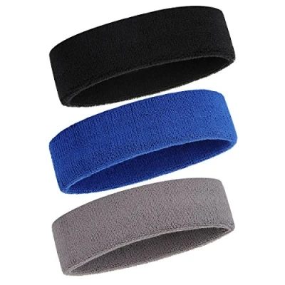 Image of ONUPGO Sweatband Headband for Men &amp; Women 3PCS Sports Headbands Moisture Wicking Athletic Cotton Terry Cloth Sweat Absorbing Head Band 3 Black/Grey/Blue