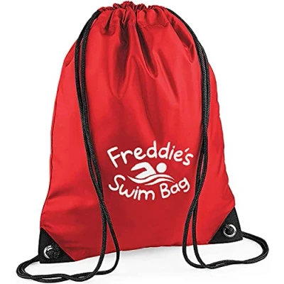 Image of TeddyTs Personalised Swim Design School Sports PE Drawstring Swimming Bag (Red), 45cm x 33cm