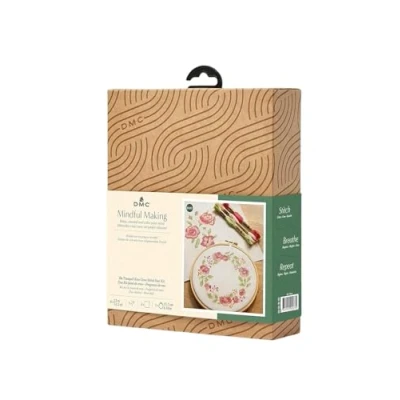 Image of DMC Tranquil Rose Cross Stitch Duo Kit, Includes 8 Skeins of Stranded Cotton, 2 Pieces 14ct Aida Fabric, Embroidery Needle, Wooden Hoop and Instructions