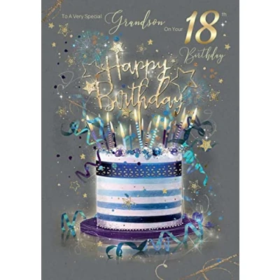 Image of Grandson 18th Birthday Card with fun cake design, Gold Foil Detailing and Envelope from Cherry Orchard