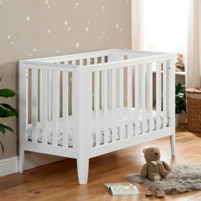 Image of Babymore Iris Baby Cot Bed Solid Pine Wood Converts into Bed, Toddler 3 Adjustable Base Positions 4 Teething Rails Nordic Style White