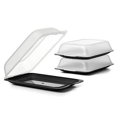 Image of TATAY Set of 3 Cold Meat Containers with Lid MAXI, BPA Free, Reusable, Stackable, Dishwasher and Microwave Safe, Black Colour. Sizes 17 x 6,2 25,2 cm