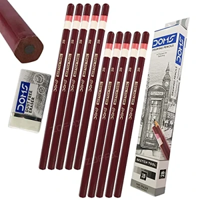 Image of ZOFAX SKETCHING PENCILS, Grade 2B, Pack of 10, Professional Artist Drawing Pencils Eraser Set, Sketch Draw Tone Shade Write, Black Ball Pen