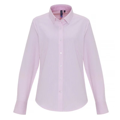 Image of Premier Womens/Ladies Cotton Rich Oxford Stripe Blouse (White/Pink) Pink &amp; White Size Medium