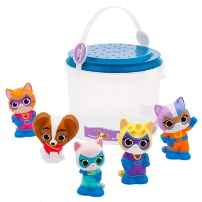 Image of Disney Store Official SuperKitties Bath Toy Set, 5 pc, Including Bitsy, Ginny, Sparks, Buddy &amp; Mr. Puppypaws, Bucket with Straining Lid, For Bath, Paddling Pool Garden Toy, 6 months+