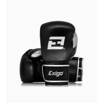 Image of Exigo Elite Leather Hook and Loop Sparring Boxing Gloves Black/Silver (16oz)