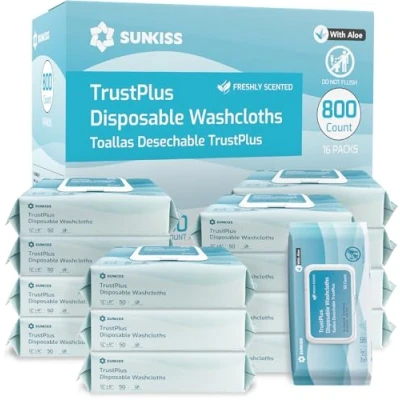 Image of SUNKISS Trustplus Wet Wipes for Adult No Rinse, Extra Large 8x12 Body Cleaning Washcloths Elderly Incontinence &amp; Cleansing, Fresh Scented, 800 Count (16 Packs of 50)