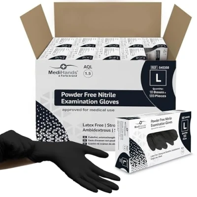 Image of Farla Medical MediHands Nitrile Gloves Disposable Black Powder Free &amp; Latex Large Multi Purpose, Single Use Box of 1000