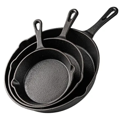 Image of nuovva Pre Seasoned Cast Iron Skillet Frying Pans Oven Safe Cookware for Indoor &amp; Outdoor Use Grill, StoveTop, Black (3 Piece Chef Set 6 Inch 15cm, 8 20cm, 10 25cm)