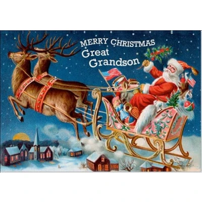 Image of doodlecards Great Grandson Christmas Card Santas Sleigh Victorian Style Medium Size for with Plain Envelope