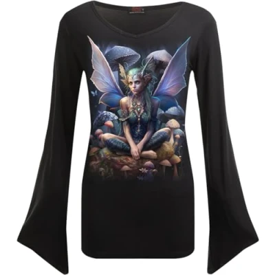Image of Spiral Magical V Neck Goth Sleeve Top Black XL