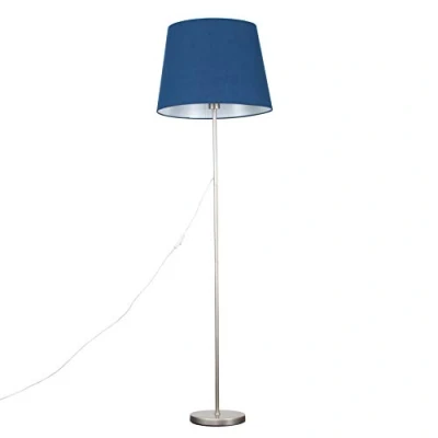 Image of MiniSun Modern Standard Floor Lamp in a Brushed Chrome Metal Finish with an Extra Large Navy Blue Tapered Shade